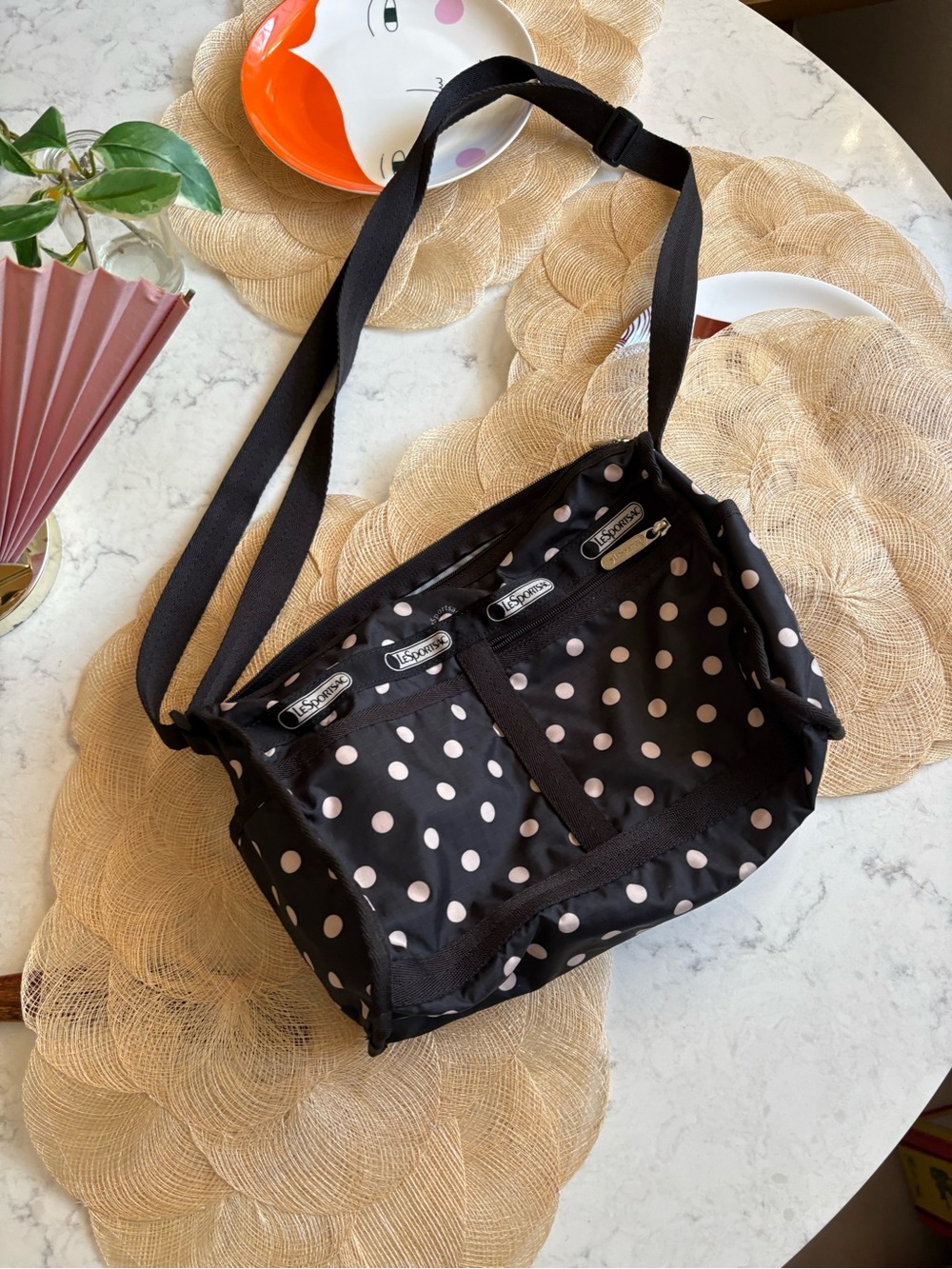 LeSportsac Black with Pink Polka Dot Crossbody Shoulder Bag